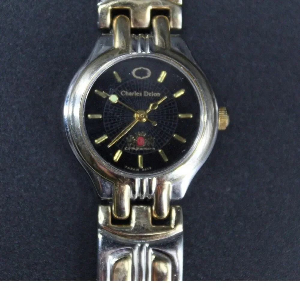Charles Delon Black Dial Round Silver Tone Case Two Tone Band Watch New battery